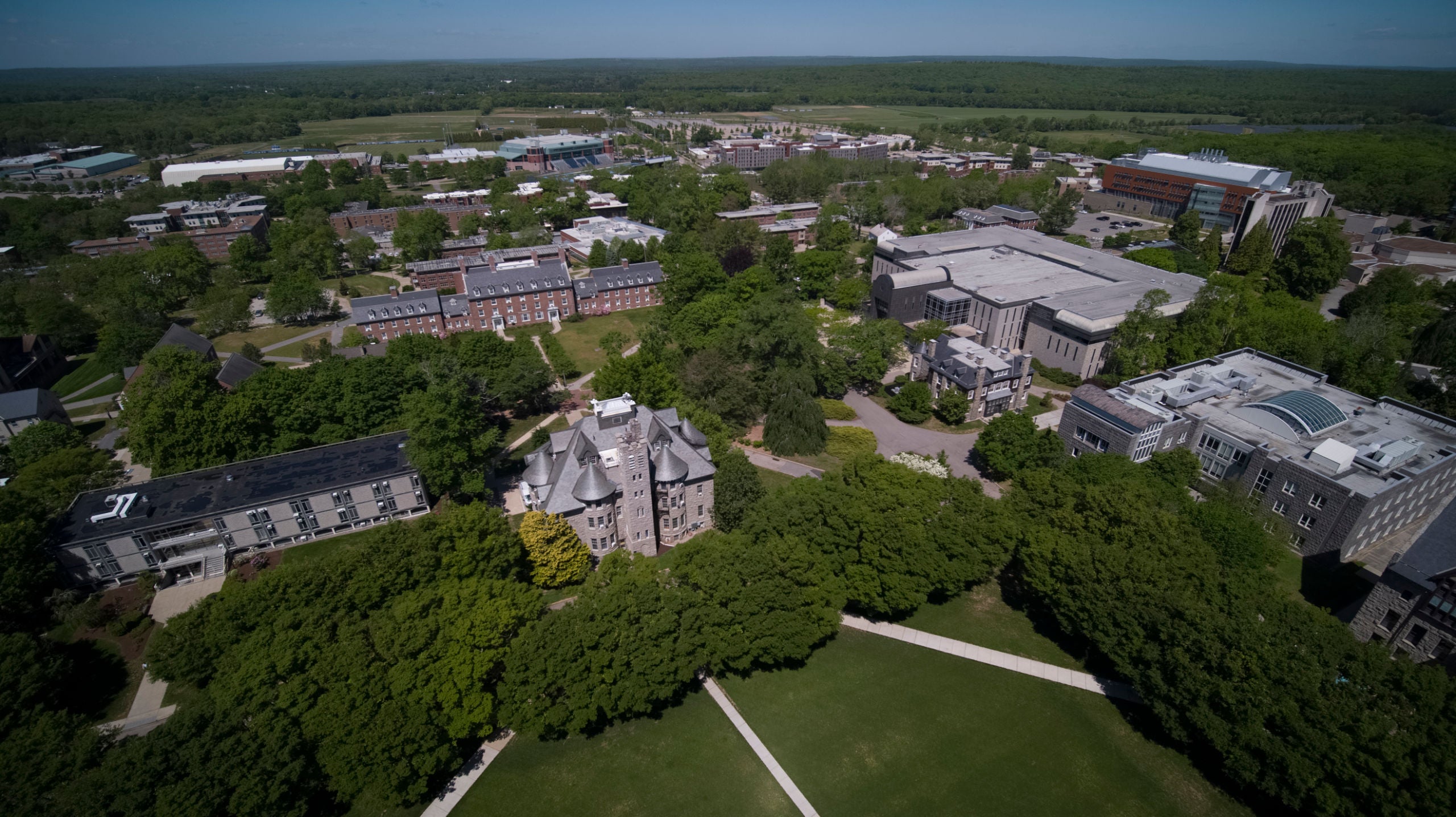 Aerial photograph of campus overlooking Davis Hall and points west.