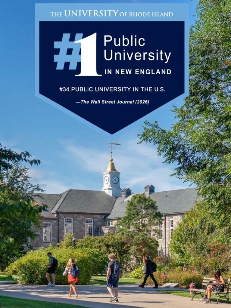 URI #1 Public University in New England 2025. Students walking on campus