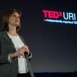 Nancy Forster-Holt presents at TEDxURI in 2018. (URI Photo/Nora Lewis)