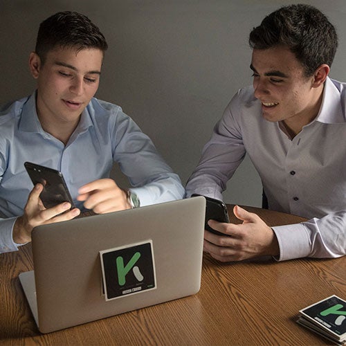 COB grads and entrepreneurs Ben Grossman ’21 and Andrew Bikash ’20 with their KANU app
