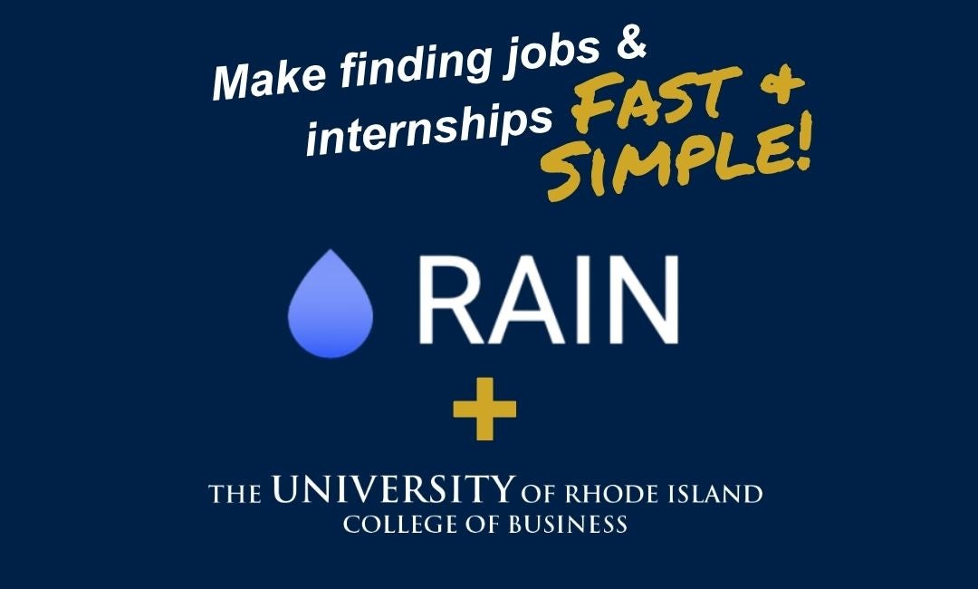Rain logo with College of Business Logo on a blue background