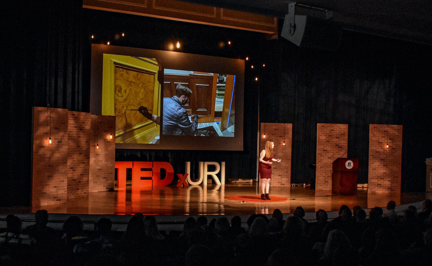 TEDxURI at Edwards Hall, presenter on the stage