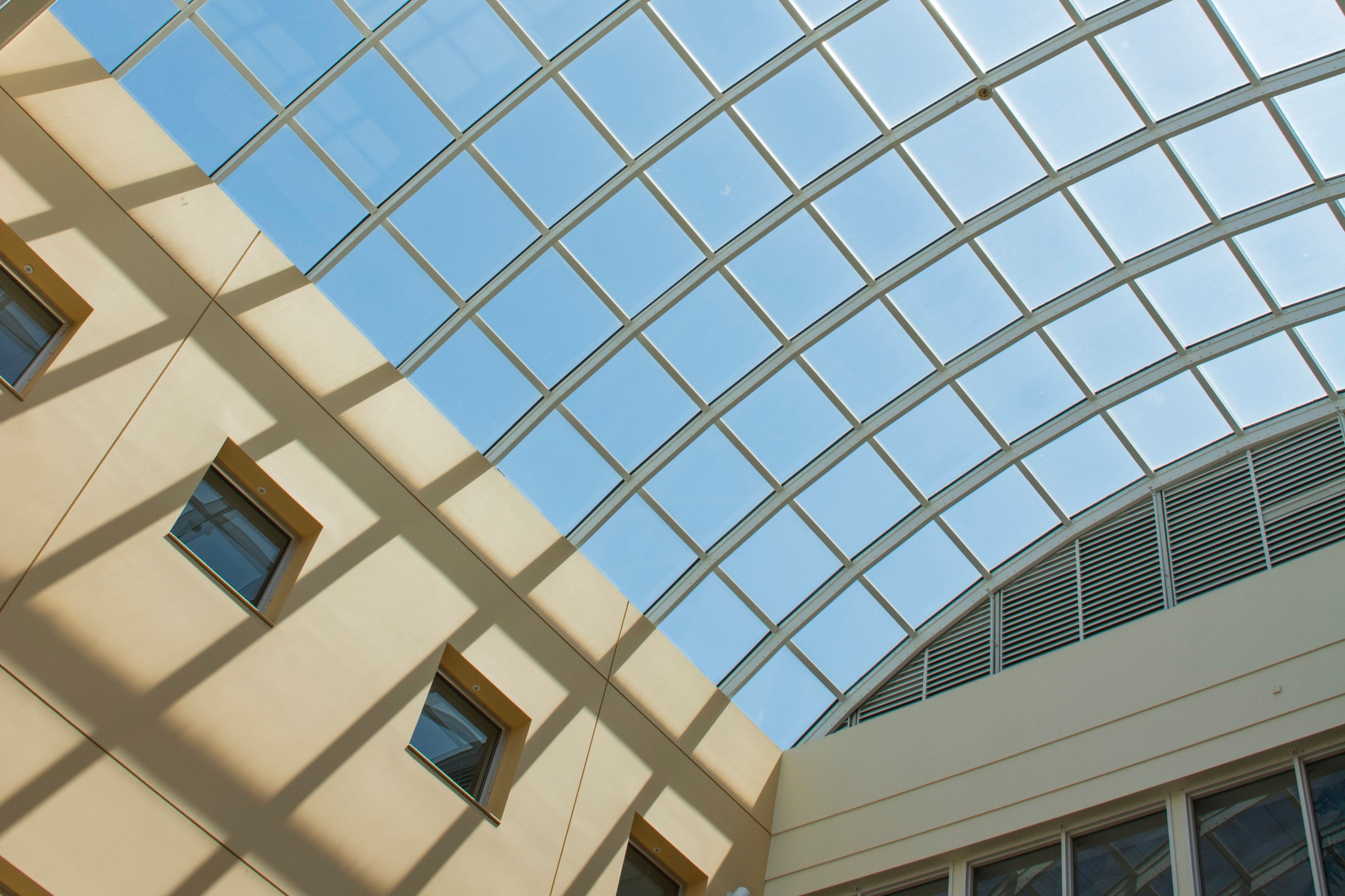 Looking up in the atrium at the College of Business