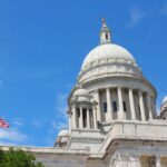 The image features the Rhode Island State House, located in Providence.
