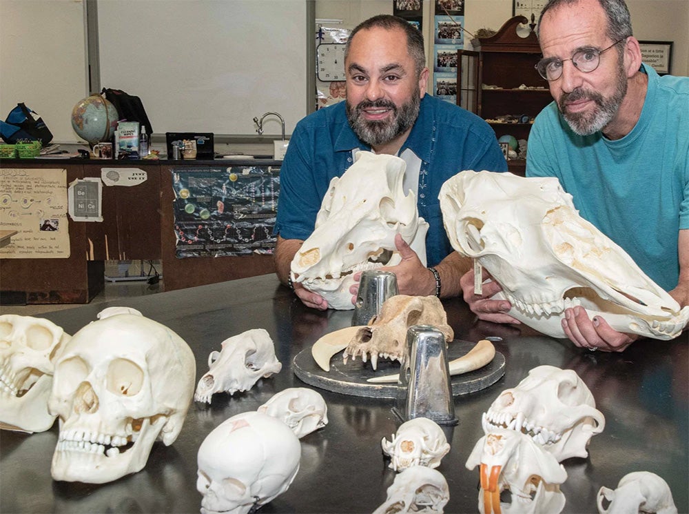 David Upegui (left) and David Fastovsky in Upegui’s Central Falls High School classroom. They wrote and received a grant to purchase the skulls.