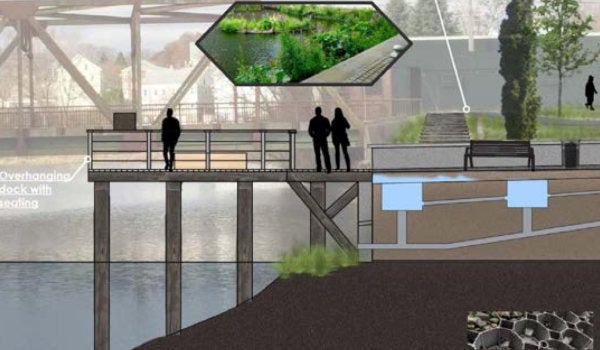 Design for a sustainable green space next to the Blackstone River in East Providence, by URI landscape architecture students.