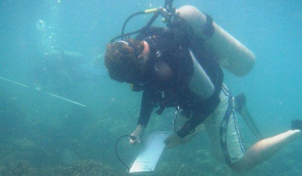 Diver writing notes underwater