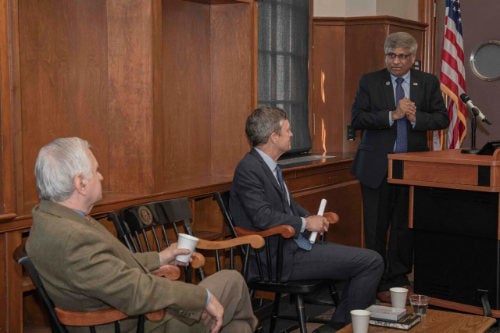 NSF Director Sethuraman Panchanathan and U.S. Sen. Jack Reed at a URI event to discuss research priorities and meet with student and academic leaders.