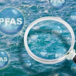 image of a magnifying glass over water with bubbles with "PFAS" written on them