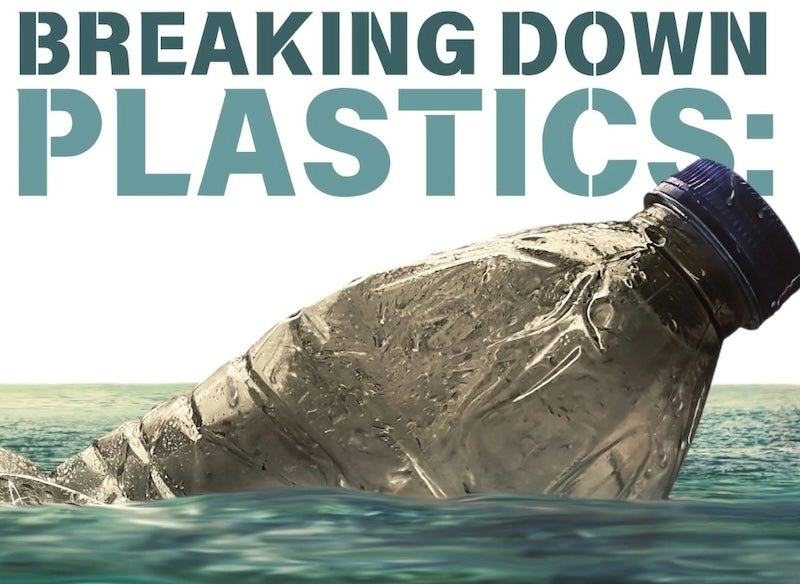 Image of a plastic water bottle floating in water with the text, "Breaking Down Plastics" above