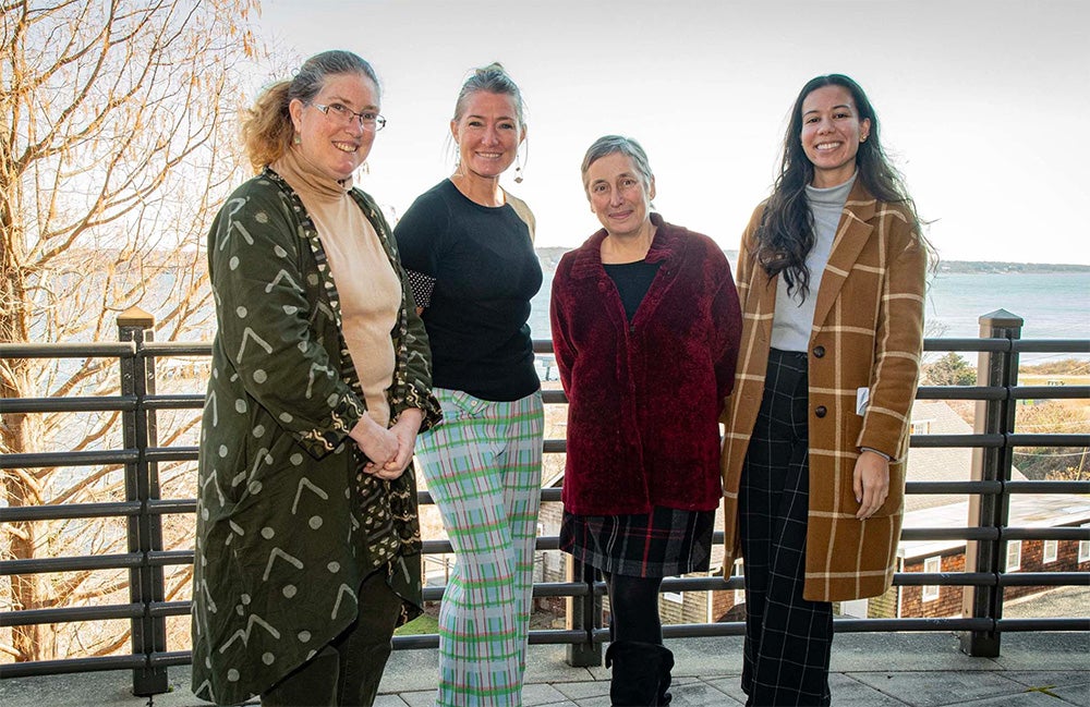 image of Rebecca Brown, scarecrow developer and professor and chair of plant sciences and entomology, of the URI College of Environmental and Life Sciences (CELS); Azure Cygler, PRESS project manager, a sustainable fisheries and aquaculture specialist of the URI Coastal Resources Center (CRC) and Rhode Island Sea Grant (Sea Grant); PRESS lead Marta Gomez-Chiarri, professor of aquaculture/fisheries in URI CELS; and Kassandra Florez, community affairs coordinator for U.S. Sen. Jack Reed. URI photos by Nora Lewis.