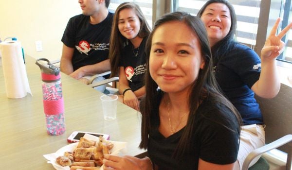A group of Chinese Language Flagship Students relaxing together in the Living and Learning Community