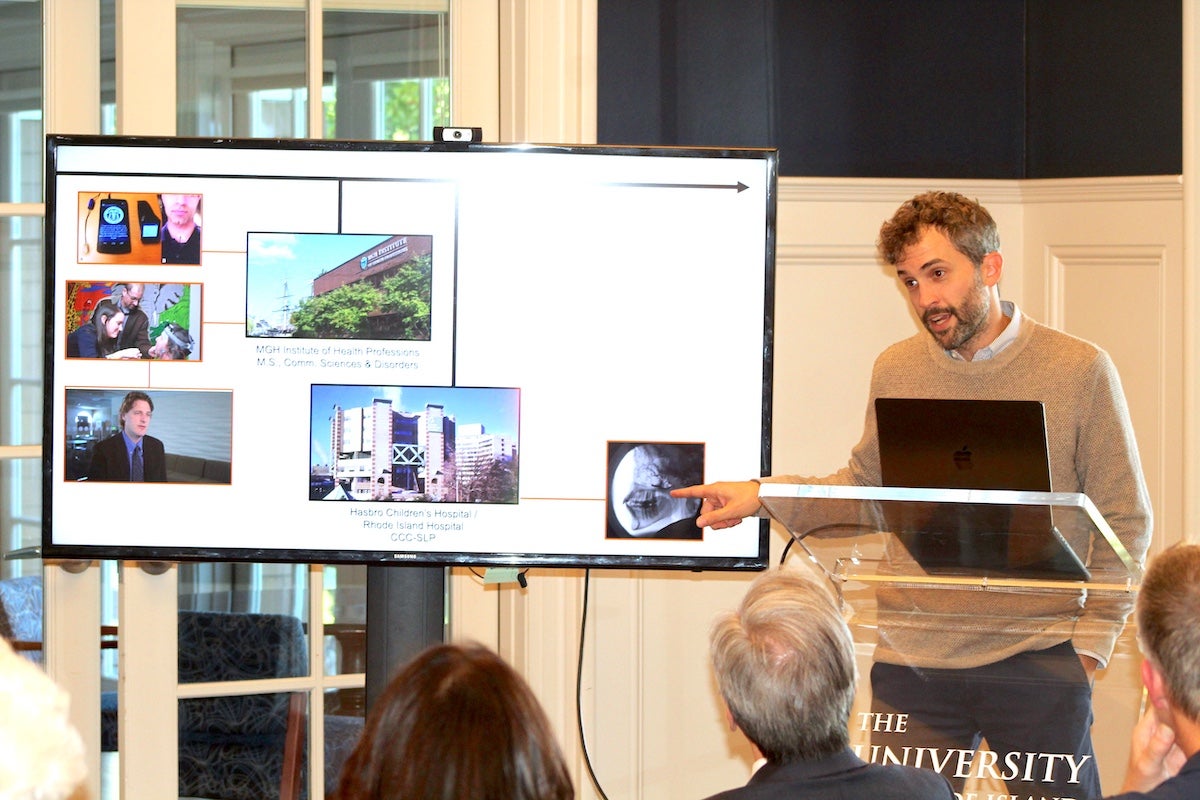 URI Communicative Disorders Assistant Professor Marc Maffei presents his research on the impact of motor skills on speech and language development during a recent College of Health Sciences forum.