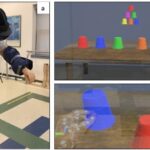 A participant in Susan D’Andrea’s study wears the bypass prosthesis and Microsoft HoloLens2 headset to play the augmented reality training game ARm-Strong. (URI photos/Susan D’Andrea)