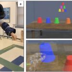 A participant in Susan D’Andrea’s study wears the bypass prosthesis and Microsoft HoloLens2 headset to play the augmented reality training game ARm-Strong. (URI photos/Susan D’Andrea)