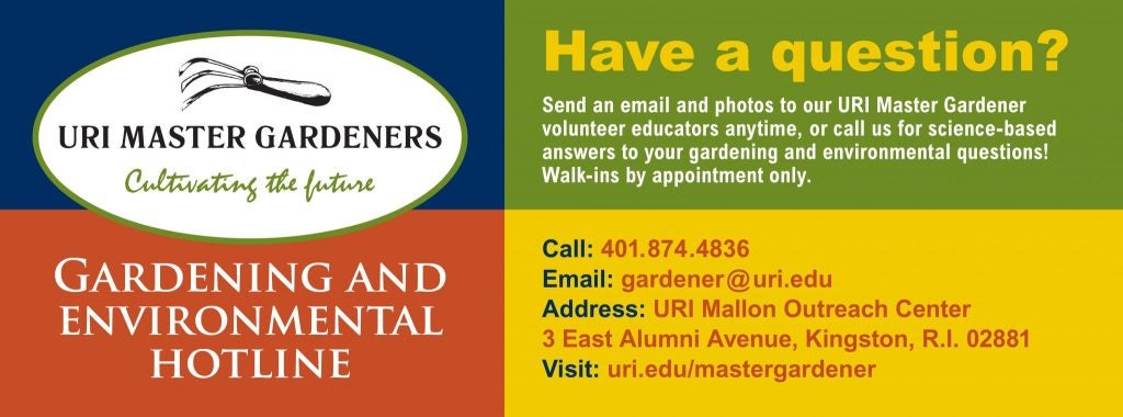 URI Gardening and Environmental Hotline Have a question? Send an email and photos to our URI Master Gardener Volunteer educators anytime, or call us for science-based answers to your gardening and environmental questions! Walk-ins by appointment only. Call 401-874-4836, email gardener@ur.edu or visit uri.edu/coopext/services 