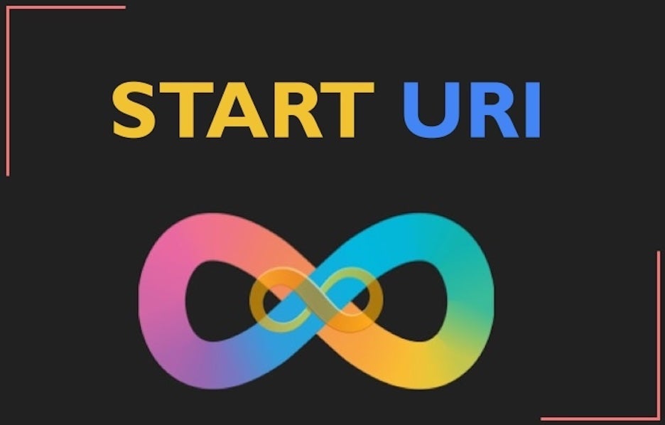 Dark-themed graphic with the text ‘START URI’ above a colorful infinity symbol, accented by simple corner lines.