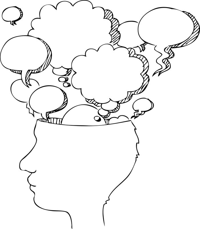 A drawing of thought and speech bubbles coming out of a person's head