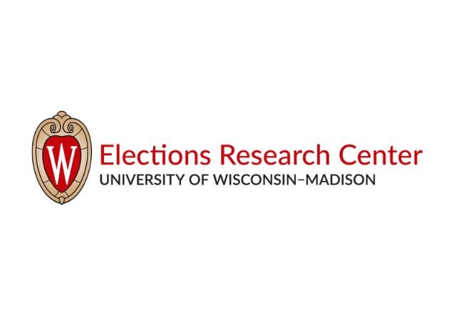 Logo of the Elections Research Center at the University of Wisconsin–Madison, featuring the red UW crest with a white “W” beside the center’s name in red and black text.