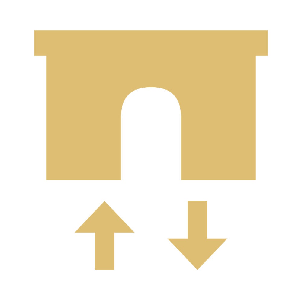 Doorway with an arrow going in and an arrow going out in gold