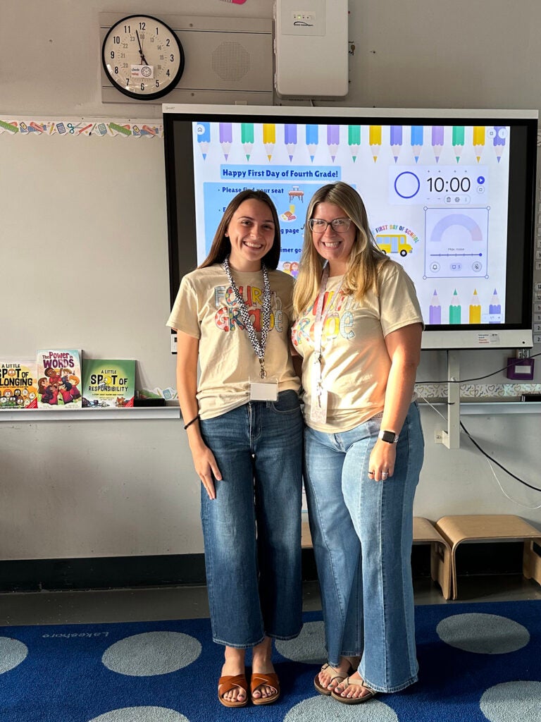 Flynn and Corcoran on their first day of co-teaching in a fourth grade inclusion ESL classroom at Alfred Lima Elementary School in Providence.