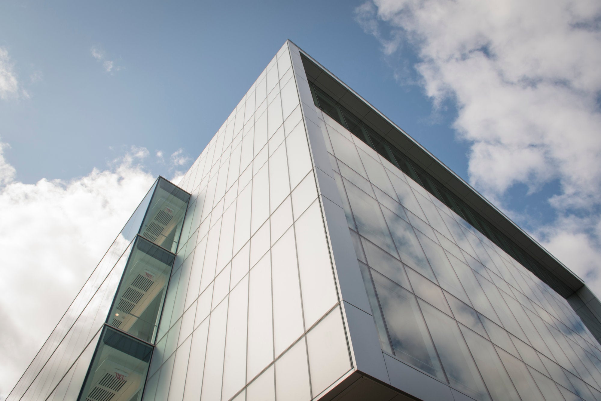A diagonal view of the glass facade, Fascitelli Center for Advanced Engineering