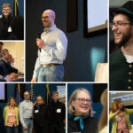A collage of the following photos: Patrick Buhr smiles at a student after the presentation, Stefan Fertmann presents holding a mic and wearing a collared blue shirt and jeans, Nathaniel Nichols laughs wearing a feathered hat and traditional buttoned vest, a group photo of President Marc Parlange and all speakers after the event, Dr. Sonja Kreibich smiles at an attendee while wearing black with a colorful scarf tied around her neck, Susanne Menden-Deuer points at the projector screen while wearing a green sweater and pink blouse