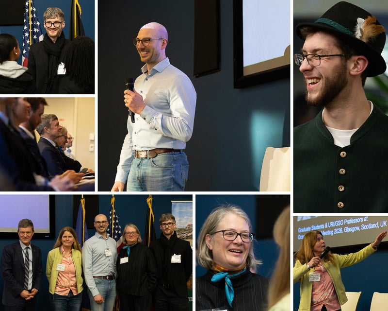 A collage of photos: Patrick Buhr smiles at a student who asked a question standing next to the German and American flags; Stefan Fertmann holds a mic as he address the audience wearing a button-up shirt and jeans; Nathaniel Nichols smiles while looking to one side and wearing a dark green buttoned vest and matching hat with a feather; All presenters pose for a photo next to URI's president and the German Consul; German Consul General Sonja Kreibich converses with an attendee while wearing a blue scarf and black shirt; Dr. Susanne Menden-Deuer presents in front of a screen wearing a lime colored cardigan and pink shirt.
