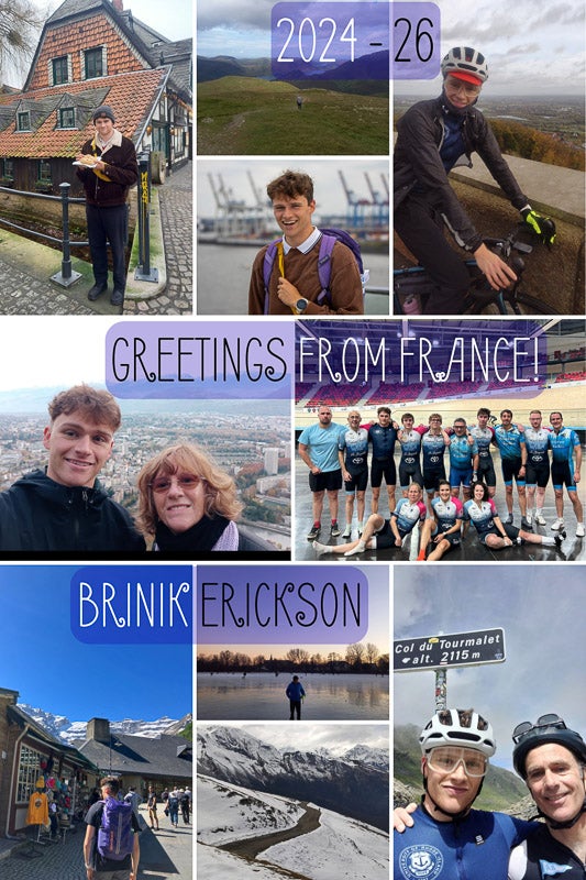 A collage of photos from Brinik Erickson's time in Europe, including cycling events, exploring Germany/England, family visits and more