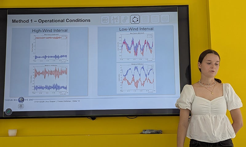 A screen depicts graphs from Ina's research as she presents her thesis