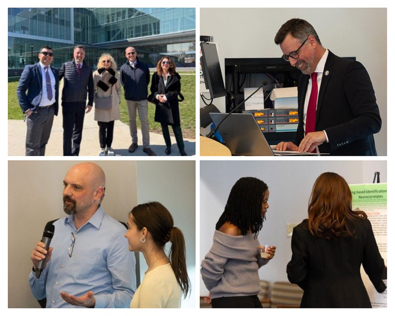 A collage of photos: A group photo with Emmanuel Michaca (left), manager of partnerships and strategic internationalization at URI and several invited guest speakers pose in front of the glass covered Fascitelli Center; Consul General Arnaldo Minuti takes the podium, smiling as he pulls up slides on his laptop; a presenter poses a question to the audience while holding a mic; attendees peruse posters set up at the event.