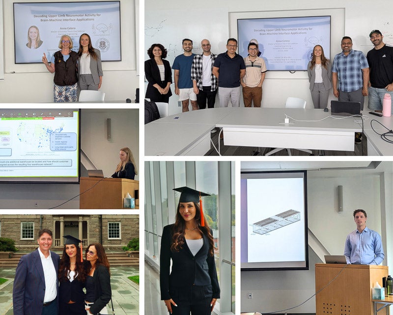 A collage of photos: Dr. Berka stands with Anna in front of her thesis presentation on a screen. Dr. Berka is wearing a black vest and leaf printed pants, Anna is wearing a gray suit. Anna is with seven members of her defense panel. Johanna Zoeller presents her research at a podium with a map of the US in the background; Eleonora is with her parents, all formally dressed and Eleonora with a grad cap in front of the stone-faced Green Hall; Eleonora stands in the middle of a glass hallway in Fascitelli wearing a grad cap and a black pantsuit; Lasse Franzen is shown next to a diagram of his research project at a lectern.