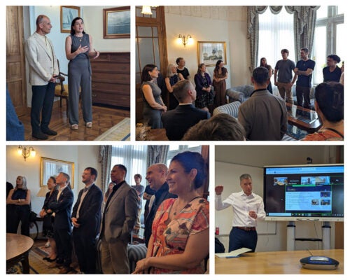 A collage of various photos: The mayor of Santander speaks to her URI guests, IEP students and URI delegates chat in a large circle, members of the URI team listen to a welcome by their hosts, Dean Anthony Marchese gestures as he presents to the board