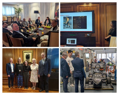 A collage of various photos: URI-Tecnun delegates seated around a table; Bella presents her research beside a TV screen with screenshots of motion capture technology; the URI-UNICAN team poses together in a wood paneled room with all in business casual attire; Dean Marchese observes UNICAN's student race car.