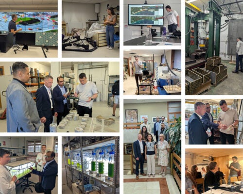 A collage of various photos representing IEP students presenting their intership projects, professors explaining research being done at UNICAN, exploring labs, and group photos with the URI-UNICAN delegation.