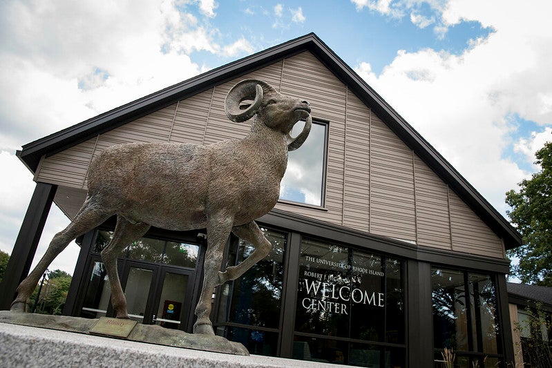 Photo of the University of Rhode Island mascot statue located in front of the Welcome Center. 

URI mascot: Rhody Ram.