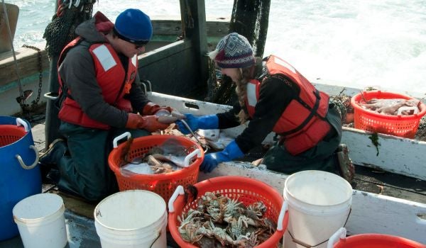 two fisherman loading up crab buckets at sea