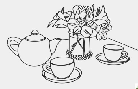 Drawing of teapots cups and a flower vase 