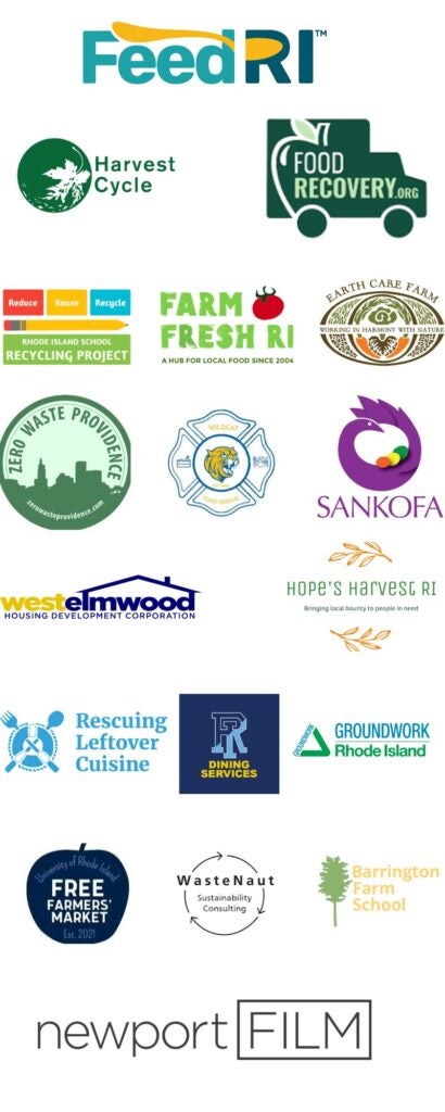 Compilation of logos for FeedRI partner organizations focused on food recovery and sustainability in Rhode Island, including Harvest Cycle, Food Recovery.org, Rhode Island School Recycling Project, Farm Fresh RI, Earth Care Farm, Zero Waste Providence, SANKOFA, West Elmwood Housing Development Corporation, Hope's Harvest RI, Rescuing Leftover Cuisine, PR Dining Services, Groundwork Rhode Island, Free Farmers Market, WasteNaut Sustainability Consulting, and Barrington Farm School.