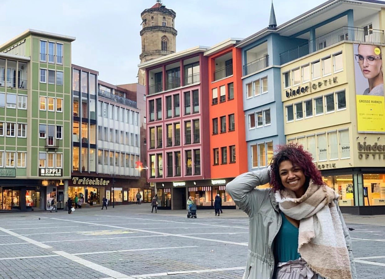 A student in Germany during a winter J-term trip