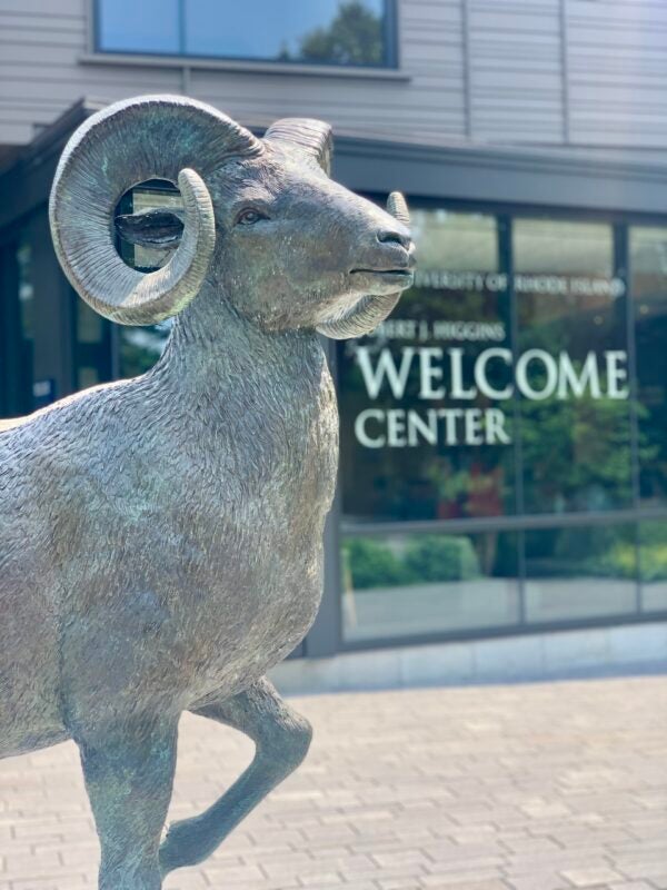 rhody the ram statue in front of the welcome center