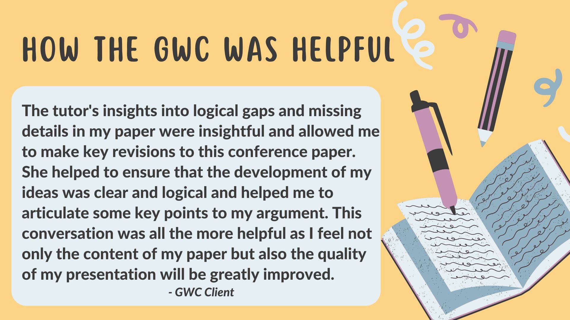 An image of GWC client feedback regarding "how the GWC was helpful": The tutor's insights into logical gaps and missing details in my paper were insightful and allowed me to make key revisions to this conference paper. She helped to ensure that the development of my ideas was clear and logical and helped me to articulate some key points to my argument. This conversation was all the more helpful as I feel not only the content of my paper but also the quality of my presentation will be greatly improved"