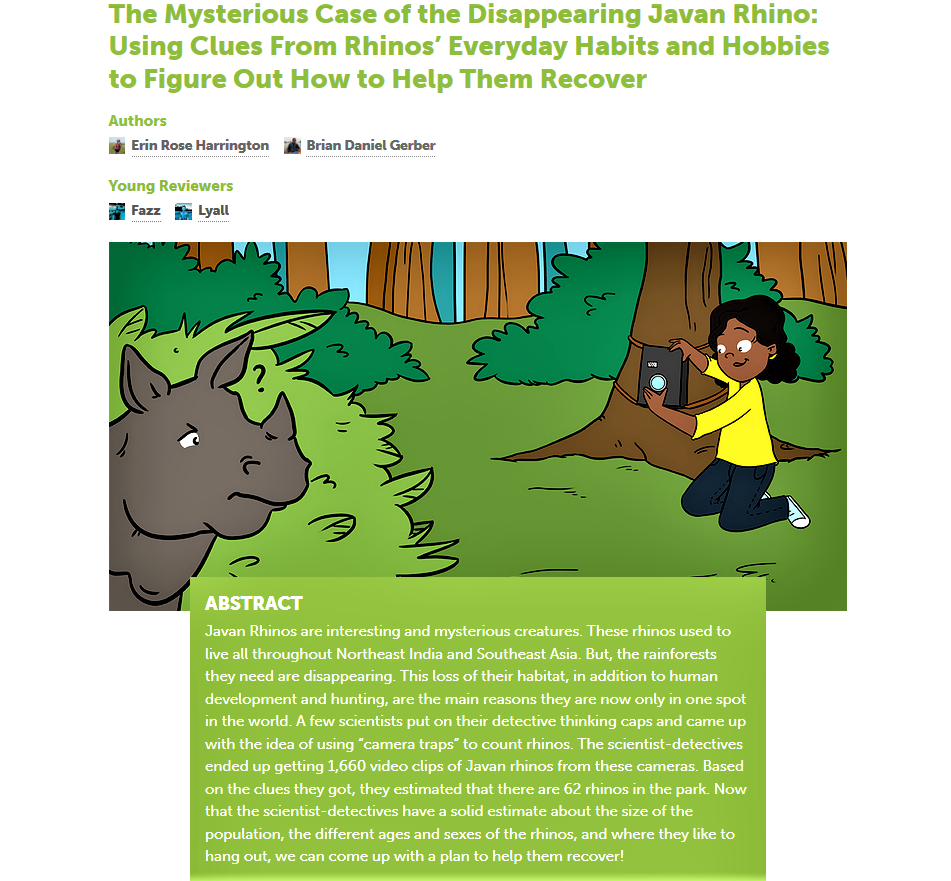 A screenshot of the Frontiers for Young Minds article with the article title text in green. A picture under the title shows a forest scene with a female scientist with brown skin, black hair, yellow shirt, and black pants attaching a trail camera to a tree trunk. In the opposite corner a gray rhino stands in front of a light green bush looking inquisitively at the scientist. The article abstract shows in white text on a green background under the picture.
