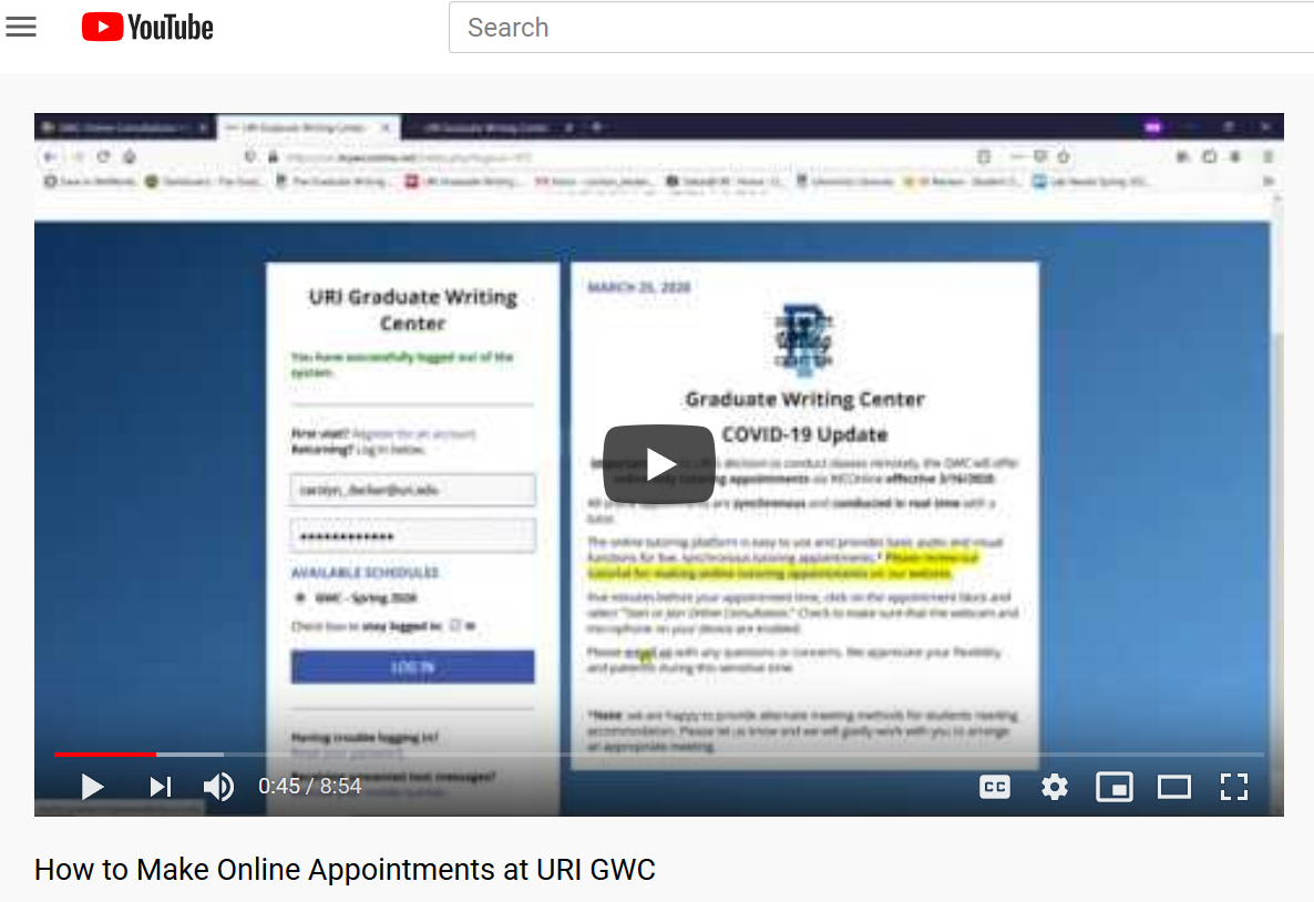 A screenshot of the GWC scheduling website showing a blue background and white boxes for log-in details. This is a cover image for the tutorial video "how to make online appointments at URI GWC"