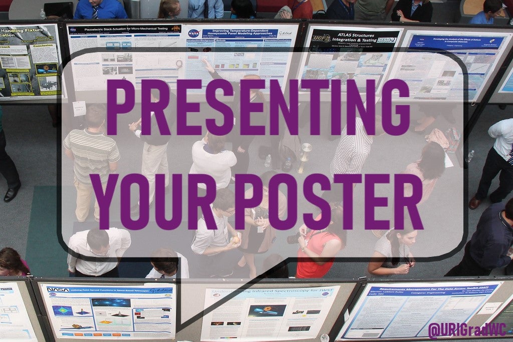 The title Presenting Your Poster appears in purple block lettering inside a semi-transparent gray speech bubble. A background image shows top-down view of people standing in a conference hall talking and looking at posters.