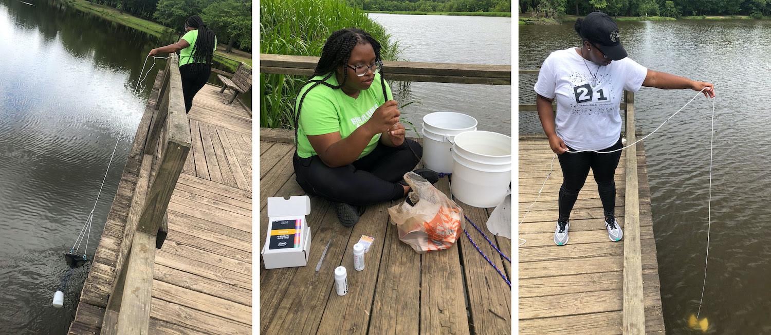 Three photos of Andria Miller: first deploys her homemade plankton net off of a small wooden pier, then a Secchi disk off of the same pier, then measures chemical water properties using test strips.