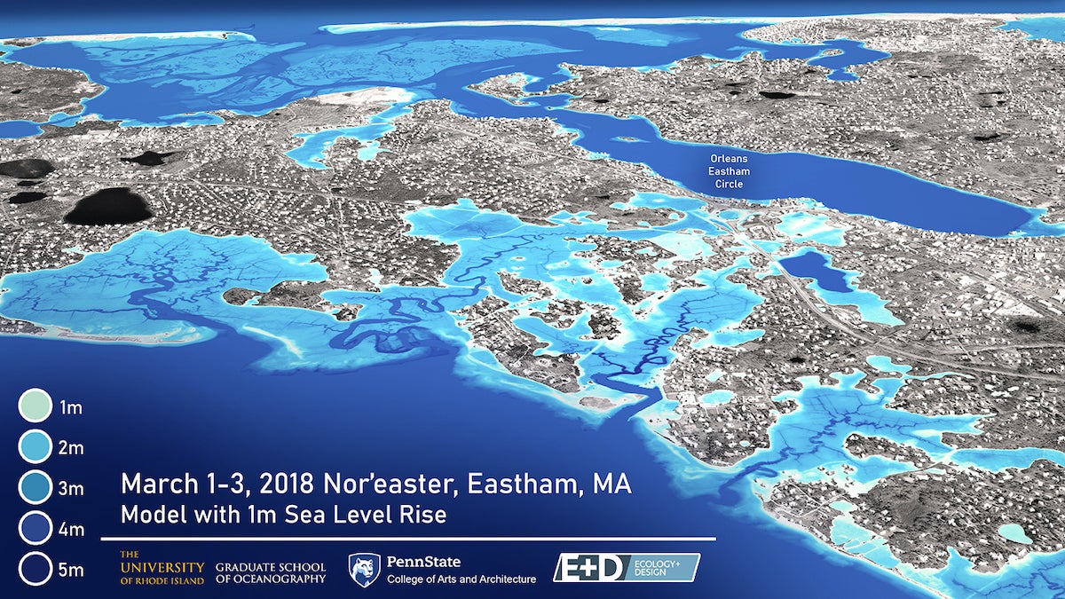 A 3D map of a coastal town showing flooding imapcts of a storm combined with different levels of sea level rise.