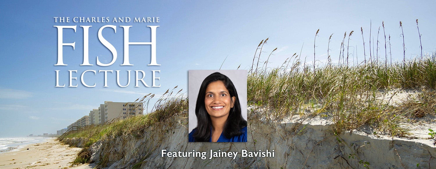 Photo of an eroding beach with the title of the lecture and a headshot of Jainey Bavishi