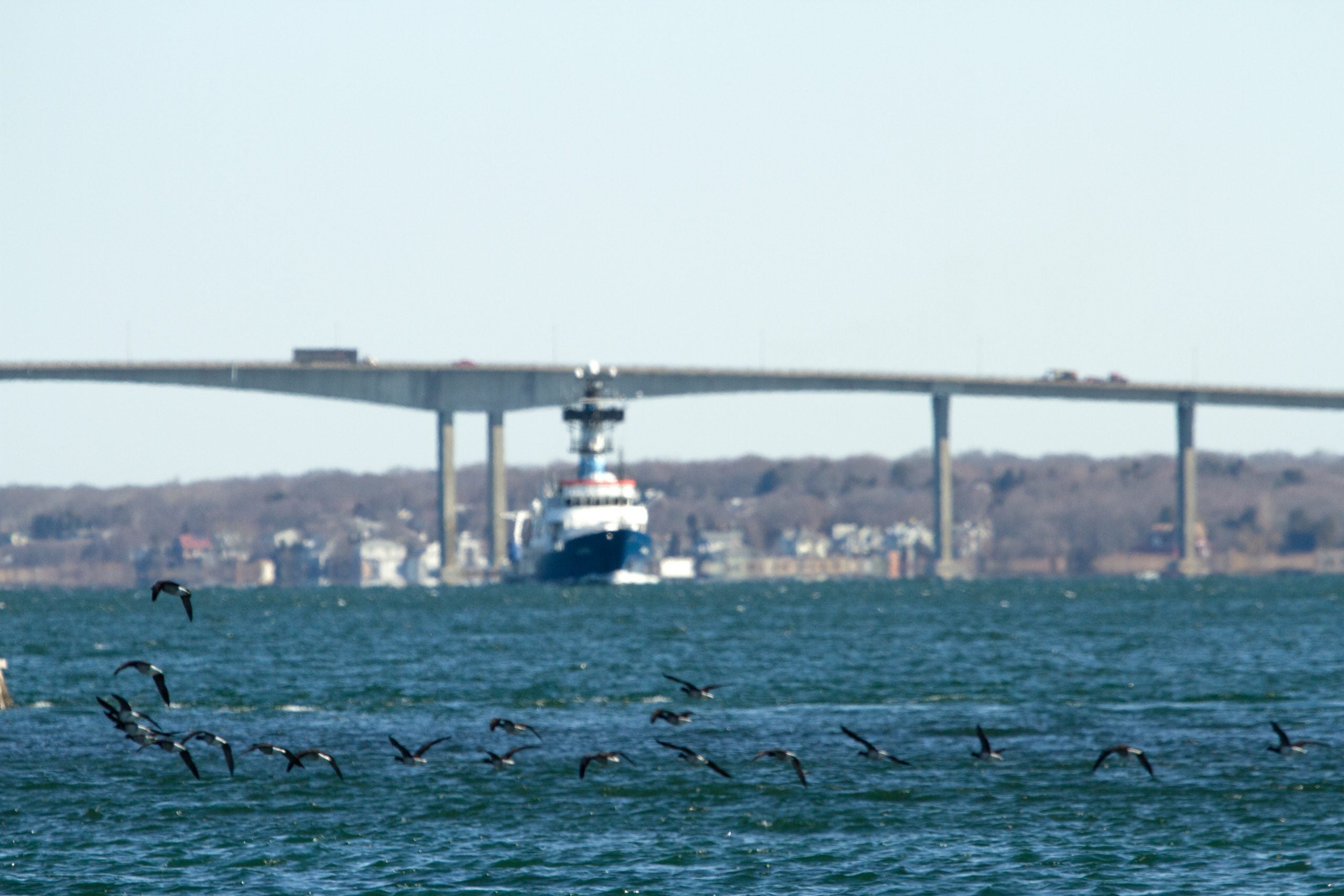 R/V Endeavor passing under the Jamestown Bridge to return to GSO.