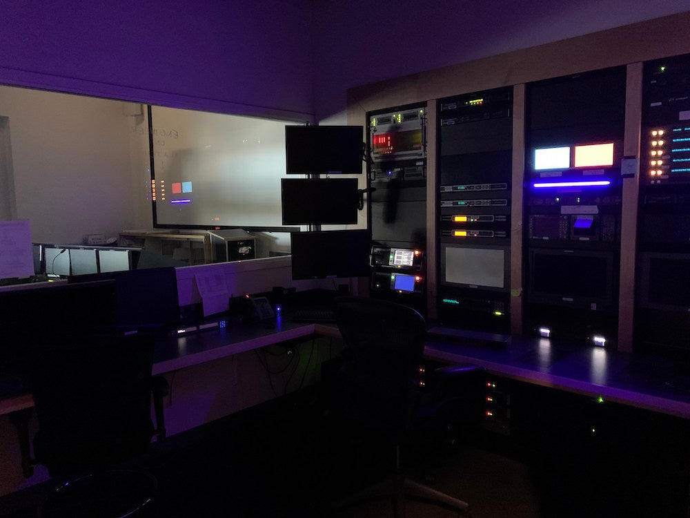 An empty Inner Space Center control room.